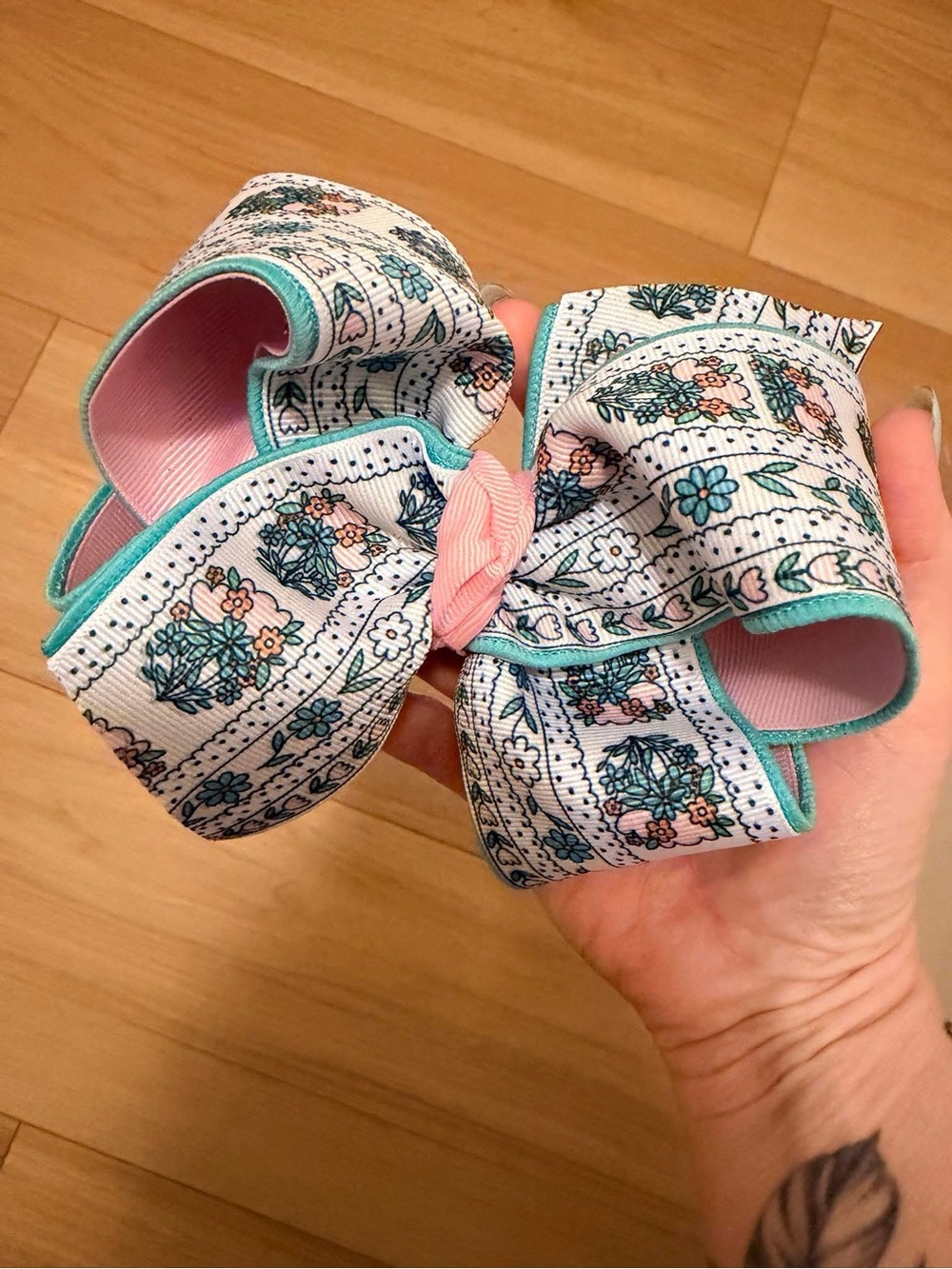 Floral Grosgrain Hair Bow Clip in Teal, Pink & White